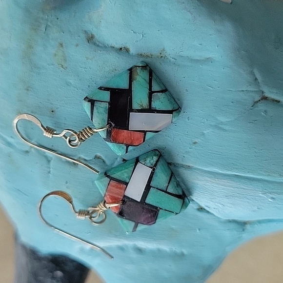 Santo Domingo Pueblo Inlaid Earrings Southwestern Boho Gift Western - Picture 4 of 6